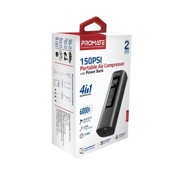 Picture of 150PSI Portable 4in1 Air Compressor 6000mAh Power Bank. Includes LED Flashlight