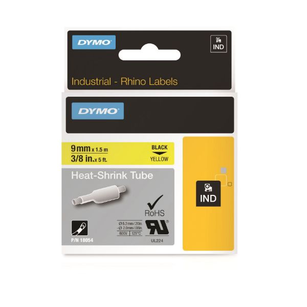Picture of Genuine Rhino Industrial Labels- Heat Shrink 9mm Black on Yellow. industrial grade