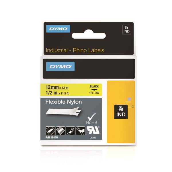Picture of Genuine Rhino Industrial Labels-Flexible 12mm Black on Yellow. Industrial-strength