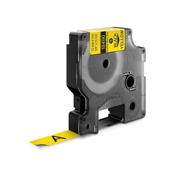 Picture of Genuine Rhino Industrial Labels-Flexible 12mm Black on Yellow. Industrial-strength