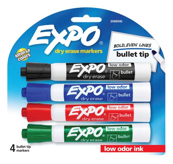 Picture of Dry Erase Markers Bullet Marker 4-Pack. 4x Assorted Red Blue Green & Black
