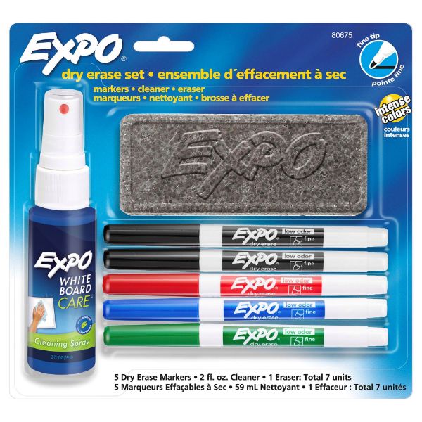 Picture of Dry Erase Markers w/ Fine Point Tips Clean Spray Eraser Red Blue Green & Black