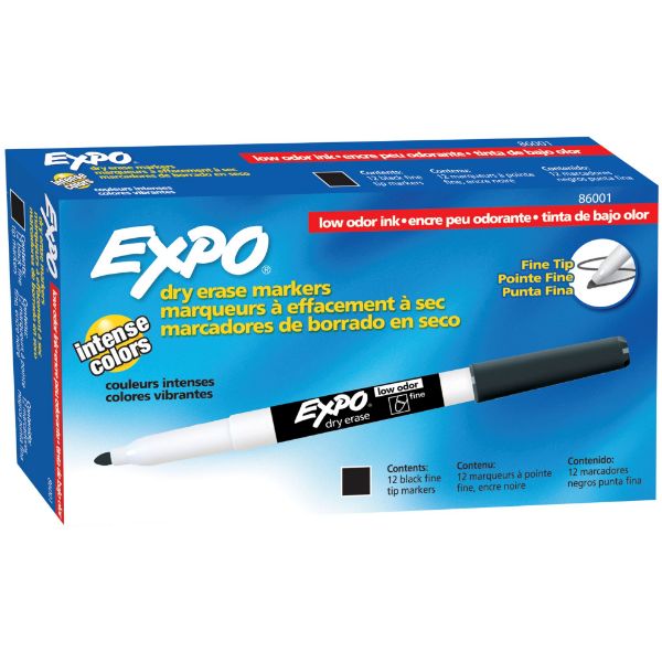 Picture of Dry Erase Markers w/ Fine Point Tips 12-Pack. Black Bright Vivid Non-toxic Ink.
