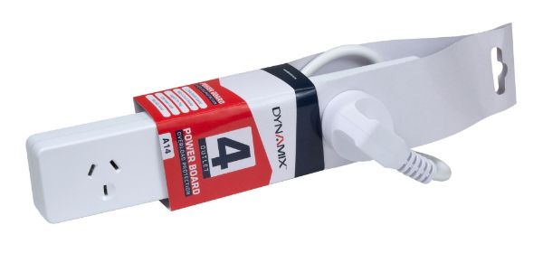 Picture of 4-Way Powerboard. 2x ports double spaced 0.9m Power cord Overload Protection Built in