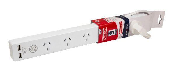 Picture of 6-way 10A Home & Office Powerboard w/ two USB 3.4A Rapid Charging Ports