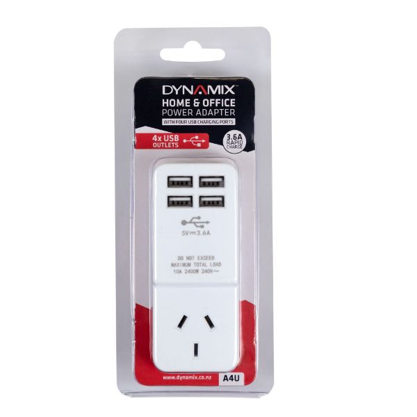 Picture of USB-A Wall Charger w/ 4x USB-A Outlets & 1x Main Power Socket Shared 3.6A Quick Charge