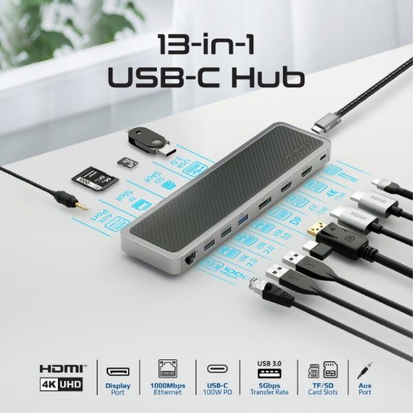 Picture of 12-in-1 Multi-Port Hub. 4x USB-A & 1x USB-C PD Port 2x HDMI Ports 1x RJ45