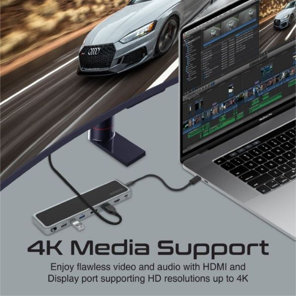 Picture of 12-in-1 Multi-Port Hub. 4x USB-A & 1x USB-C PD Port 2x HDMI Ports 1x RJ45