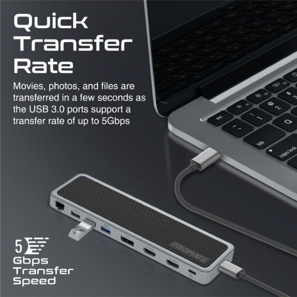 Picture of 12-in-1 Multi-Port Hub. 4x USB-A & 1x USB-C PD Port 2x HDMI Ports 1x RJ45