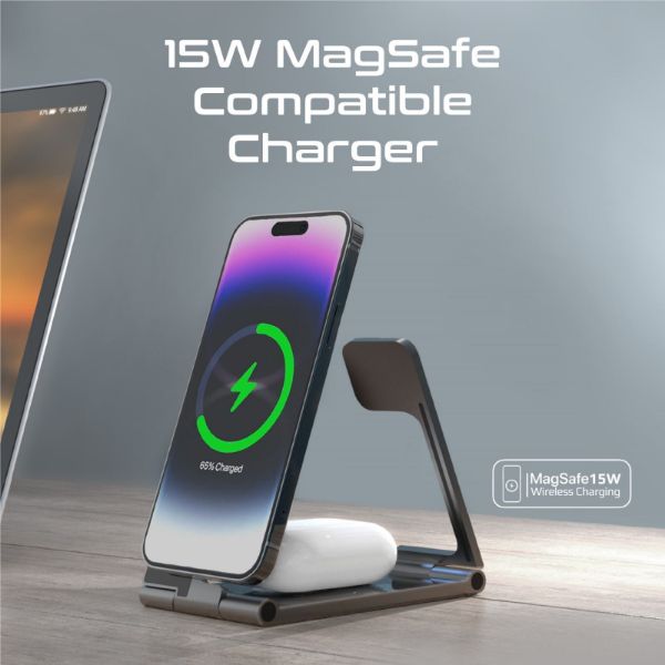 Picture of 3-in-1 Ultra-Slim Foldable 15W Magsafe Wireless Charging Station. 3W Apple Charger.