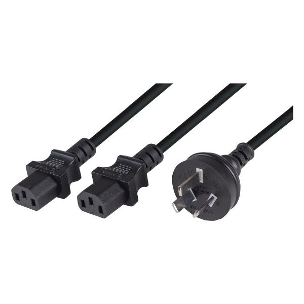 Picture of 2M Y Power Cord. 3-Pin Plug to 2x IEC C13 Female Connectors 10A. SAA Approved.