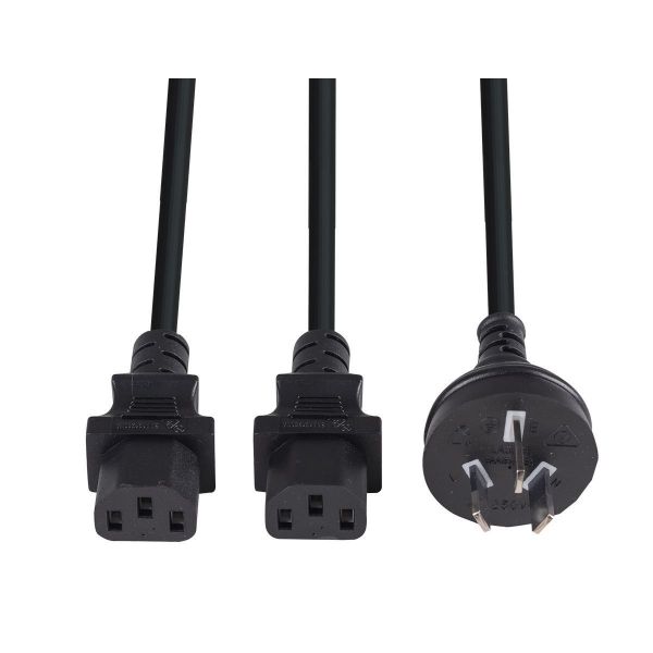 Picture of 2M Y Power Cord. 3-Pin Plug to 2x IEC C13 Female Connectors 10A. SAA Approved.