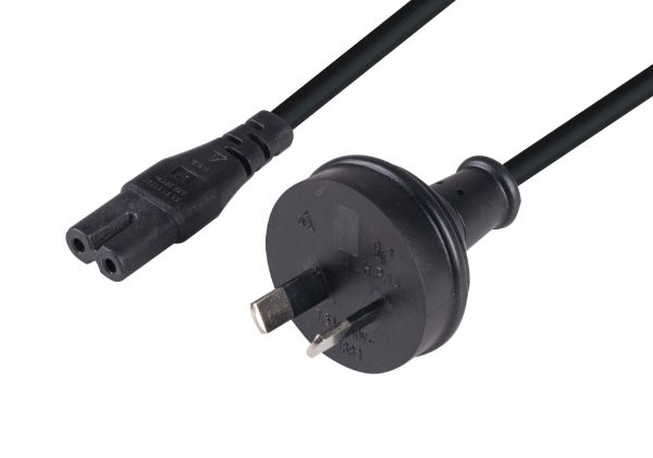 Picture of 2M 2-Pin plug to C7 Figure 8 connector 7.5A. SAA approved power cord. 0.75mm copper core