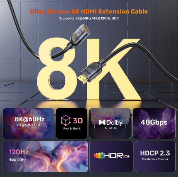 Picture of 2m 8K HDMI Extension Cable Supports 8K@60Hz/4K@120Hz HDR Built to Last Gold-plated
