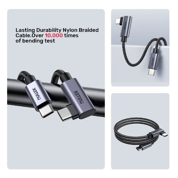 Picture of 1m USB-C to Right Angled 90 Degree USB-C Connector. Supports 100W PD Fast Charging