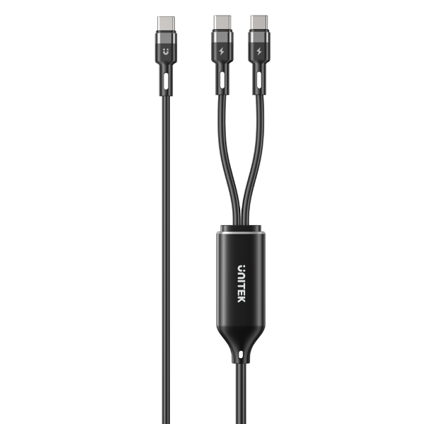 Picture of 2-in-1 USB-C Cable w/ Dual Connectors. Charge iPhone 16 Series MacBook iPad & More.