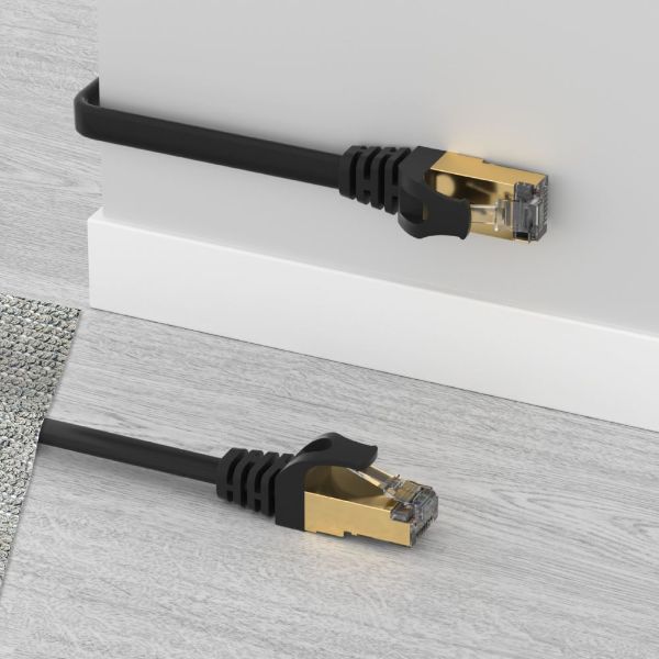 Picture of 20m CAT7 Black Flat SSTP 32AWG Patch Lead in PVC Jacket 500MHz Gold-plated Contacts