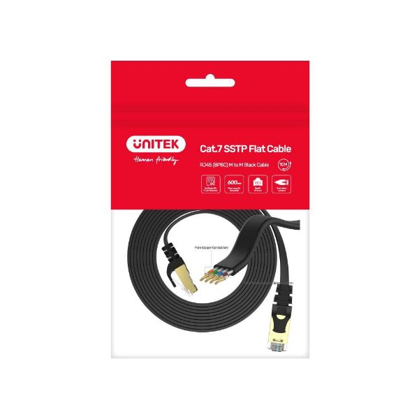 Picture of 2m CAT 7 Black Flat SSTP 32AWG Patch Lead in PVC Jacket 500MHz Gold-plated Contacts