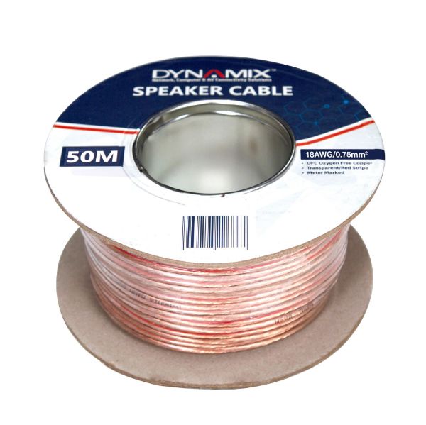 Picture of 50m 18AWG PVC Speaker Cable Bare Copper Transparent Colour w/ Red Stripe Meter Marked