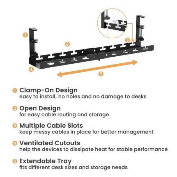 Picture of Extendable Clamp-On Under Desk Cable Management Tray Clamp Mounting