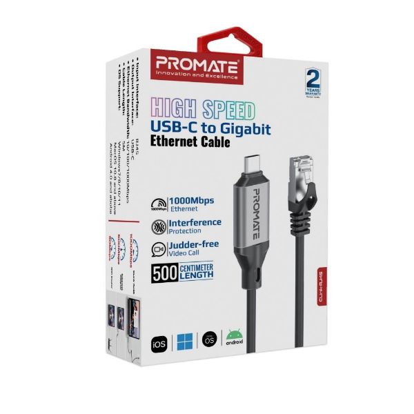 Picture of 5m USB-C to RJ45 High-Speed 1Gbps Ethernet Cable. Premium Aluminium Alloy