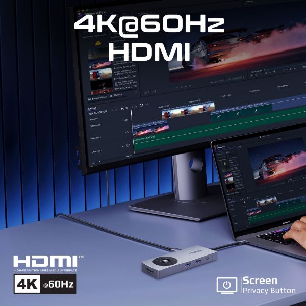 Picture of 14-in-1 USB Multi-port Hub with USB-C Connector. Includes 1x HDMI Port 1x RJ45