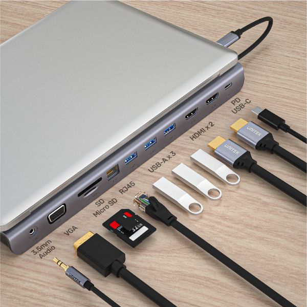 Picture of 11-In-1 Mulit-Port Hub w/ Support for MST Triple Monitor (Dual HDMI) & USB-C Connector.