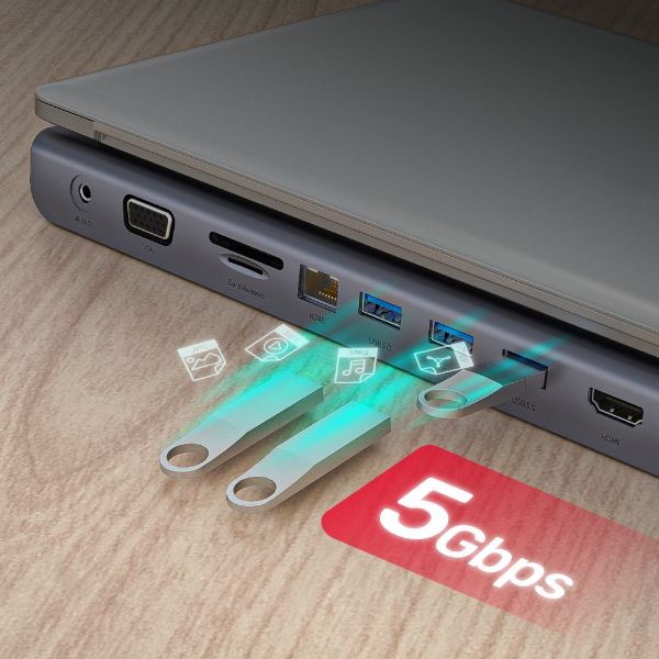 Picture of 11-In-1 Mulit-Port Hub w/ Support for MST Triple Monitor (Dual HDMI) & USB-C Connector.