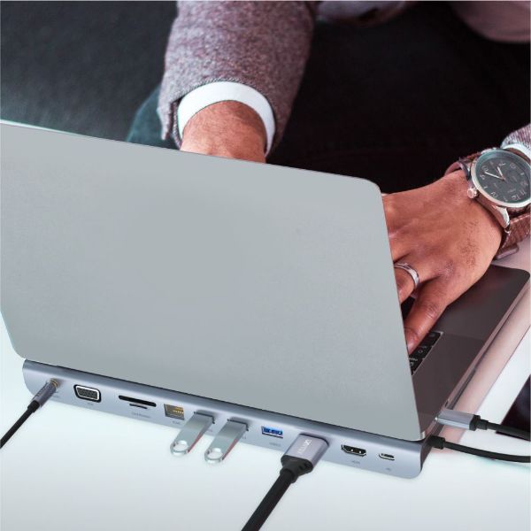 Picture of 11-In-1 Mulit-Port Hub w/ Support for MST Triple Monitor (Dual HDMI) & USB-C Connector.