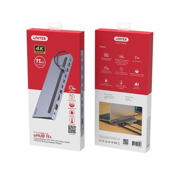 Picture of 11-In-1 Mulit-Port Hub w/ Support for MST Triple Monitor (Dual HDMI) & USB-C Connector.