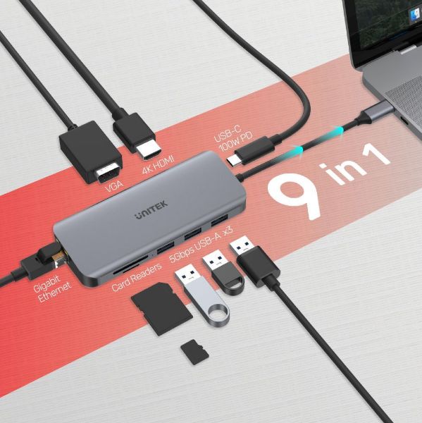 Picture of 9-in-1 USB 3.1 Multi-Port Hub w/ USB-C Connector. Includes 1x HDMI Port 1x VGA