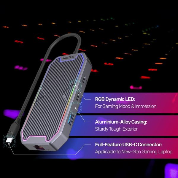 Picture of 7-in-1 Multi-Port 100W PD Hub Supporting 10Gbps w/ USB-C Connector. 2x USB-A 10Gbps