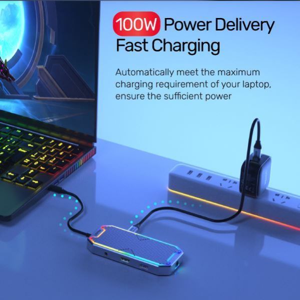 Picture of 7-in-1 Multi-Port 100W PD Hub Supporting 10Gbps w/ USB-C Connector. 2x USB-A 10Gbps
