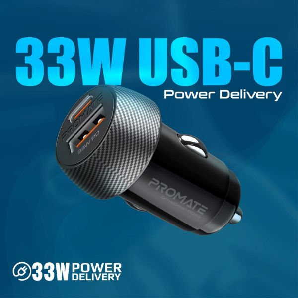 Picture of 33W Ultra-Fast Dual Port Compact In-Car Phone Charger. 1x 18W QC 3.0 USB-A Port