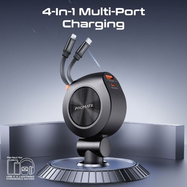 Picture of 88W Multi-Port Incar Phone Charger w/ Dual Retractable USB-C & Lightning Cables. 20W