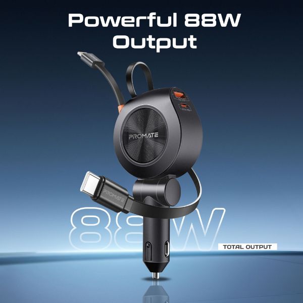 Picture of 88W Multi-Port Incar Phone Charger w/ Dual Retractable USB-C & Lightning Cables. 20W