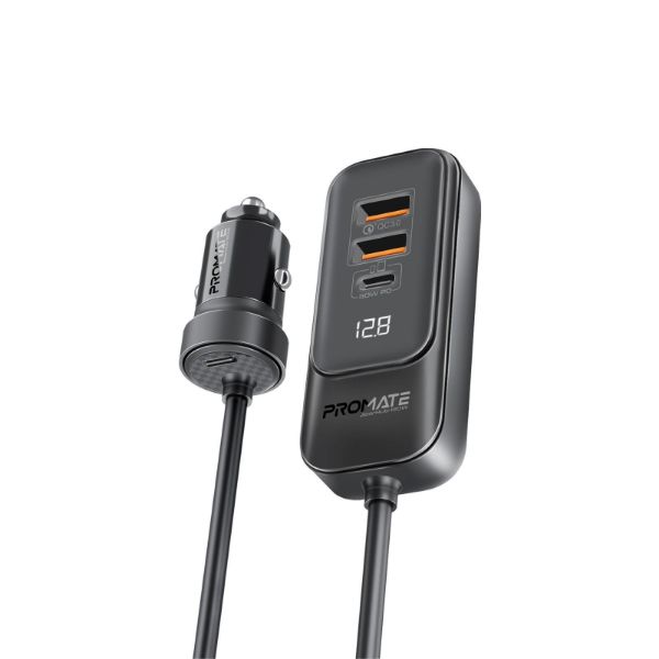 Picture of 120W In-Car Device Charger Backseat 3 Port Charging Hub. Includes 2x USB-C & 2x USB-A