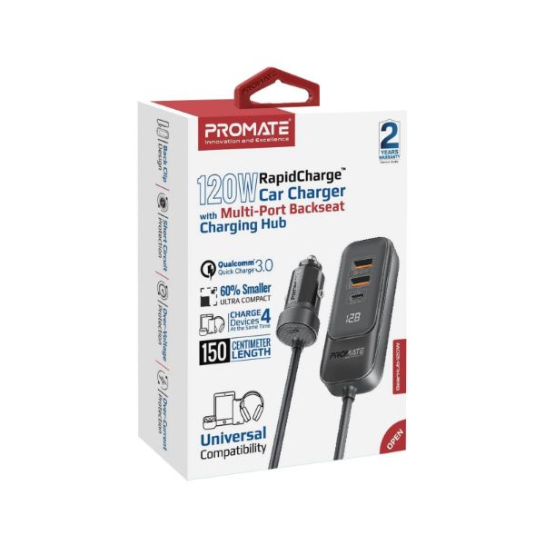 Picture of 120W In-Car Device Charger Backseat 3 Port Charging Hub. Includes 2x USB-C & 2x USB-A