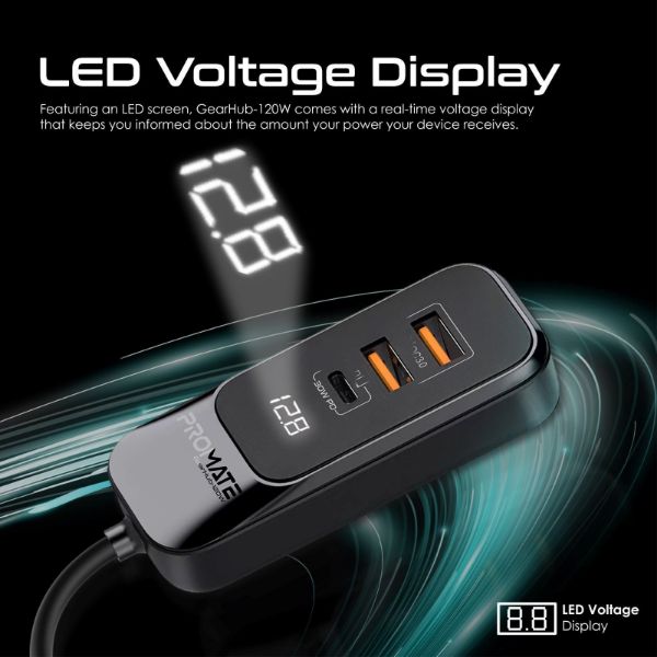 Picture of 120W In-Car Device Charger Backseat 3 Port Charging Hub. Includes 2x USB-C & 2x USB-A