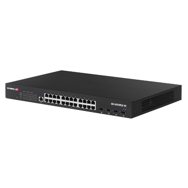 Picture of 24 Port Gigabit PoE+ Web Smart Surveillance Switch w/ 4 Port 10GbE SFP+ Uplinks.