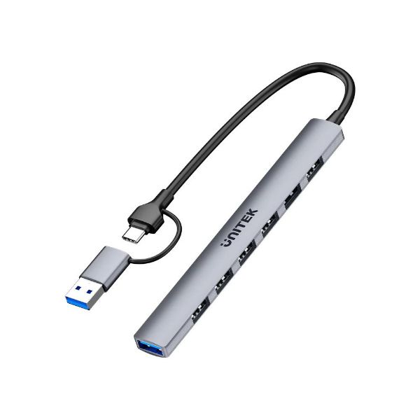 Picture of 7-in-1 USB Multi-port Super Slim Hub USB-C & A Connectors. Includes 6x USB-A 480Mbps