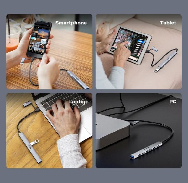 Picture of 7-in-1 USB Multi-port Super Slim Hub USB-C & A Connectors. Includes 6x USB-A 480Mbps