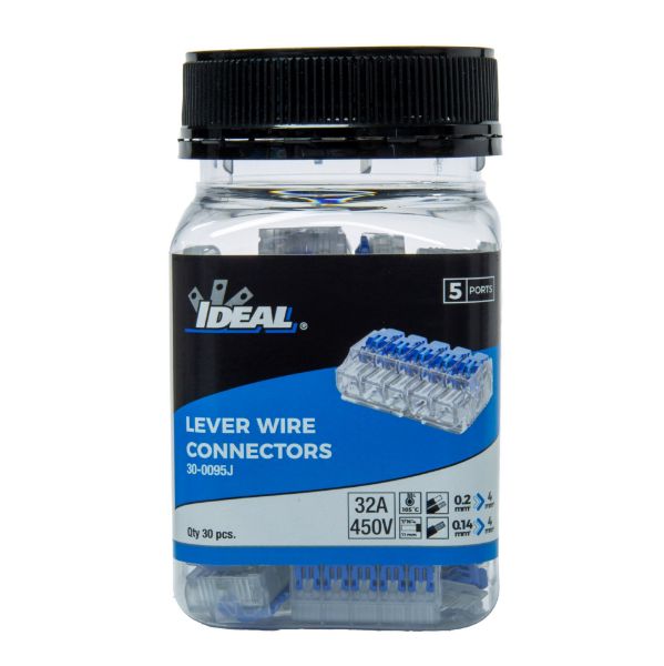 Picture of 32A 5 Port Wire Connector Gen II Lever 30pc Jar 0.2 mm2 to 4.0 mm2 Solid/Stranded Wire