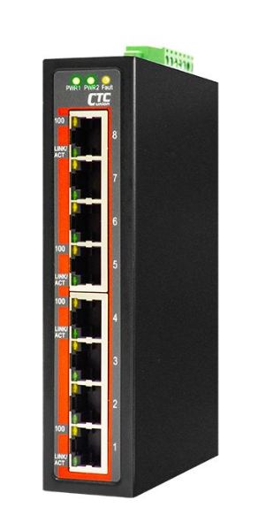 Picture of 8 Port Fast Ethernet Unmanaged Switch. -40C +75C. 8x 10/100BaseT(X). Power