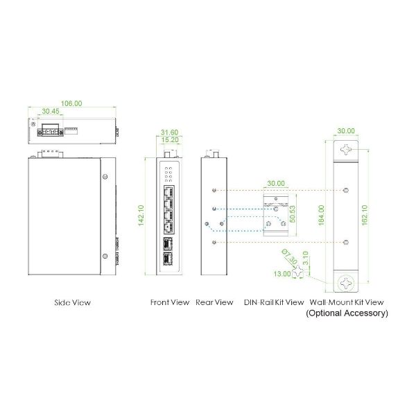 Picture of 4 Port Gigabit Unmanaged Compact Switch. -10C +60C. 4x 10/100/1000Base-T plus 2x