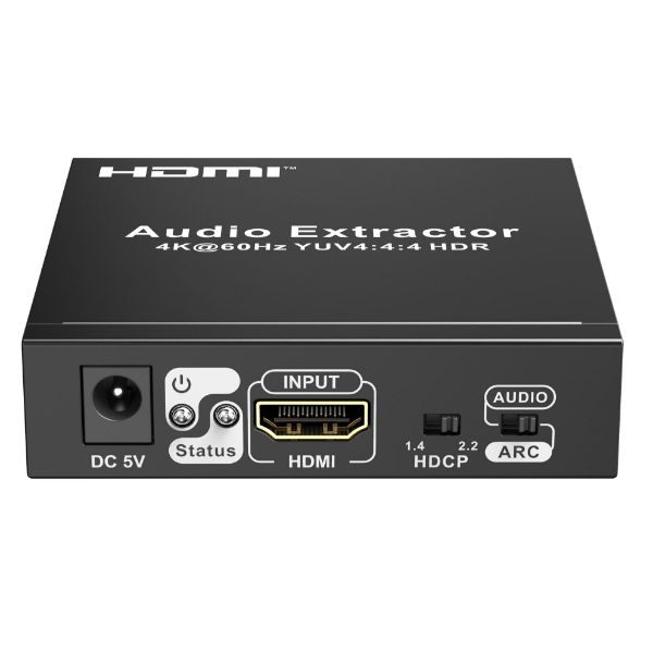 Picture of HDMI Audio Extractor. 1x HDMI In. 1x HDMI Out. 3x Out Audio Signal Out via Toslink