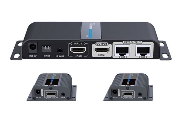 Picture of 1-In-2-Out 1080P HDMI Extender. 1x HDMI 2x RJ45 out Compatible CAT6/6a/7 Cables