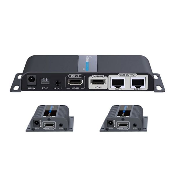 Picture of 1-In-2-Out 1080P HDMI Extender. 1x HDMI 2x RJ45 out Compatible CAT6/6a/7 Cables