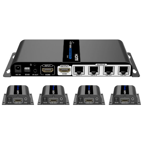Picture of 1-In-4-Out 1080P HDMI Extender 1x HDMI 1x HDMI out 4x RJ45 out. Comp w/ CAT6/6a/7
