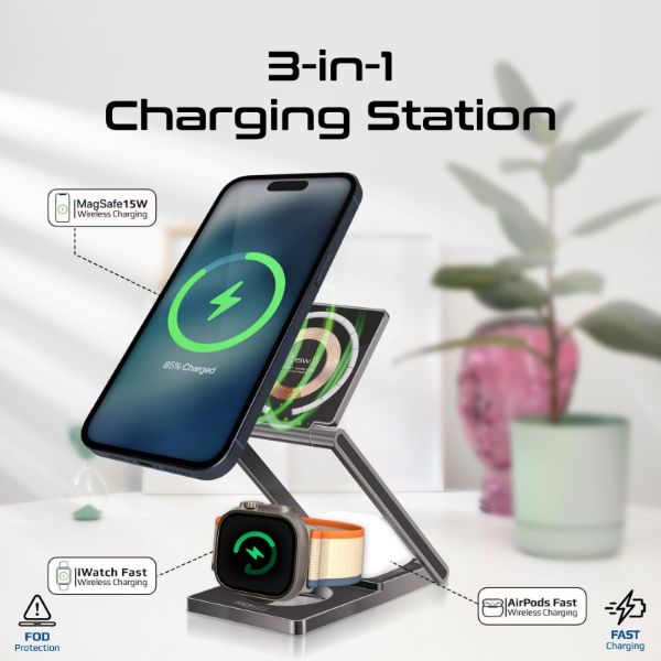 Picture of 3-in-1 Foldable 15W MagSafe Charging Station. 3W Apple Watch Charger